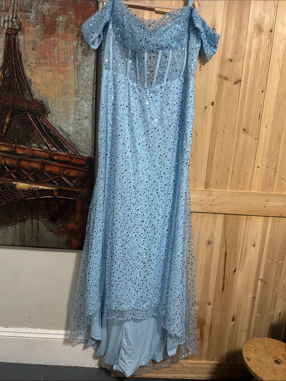 Light Blue Off-Shoulder High-Low Sequin Corset back Evening Gown